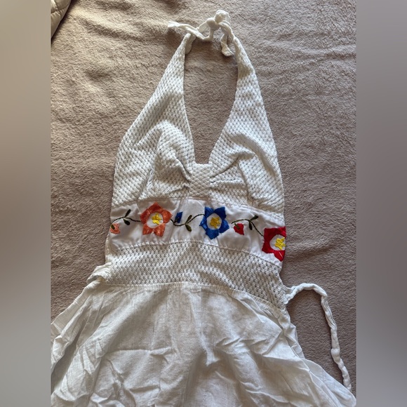 no brand Dresses & Skirts - White Halter Dress with Multicolor Floral Embroidery